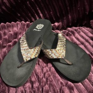 Yellow Box sandals with sparkling tricolor sequins. Size 6.